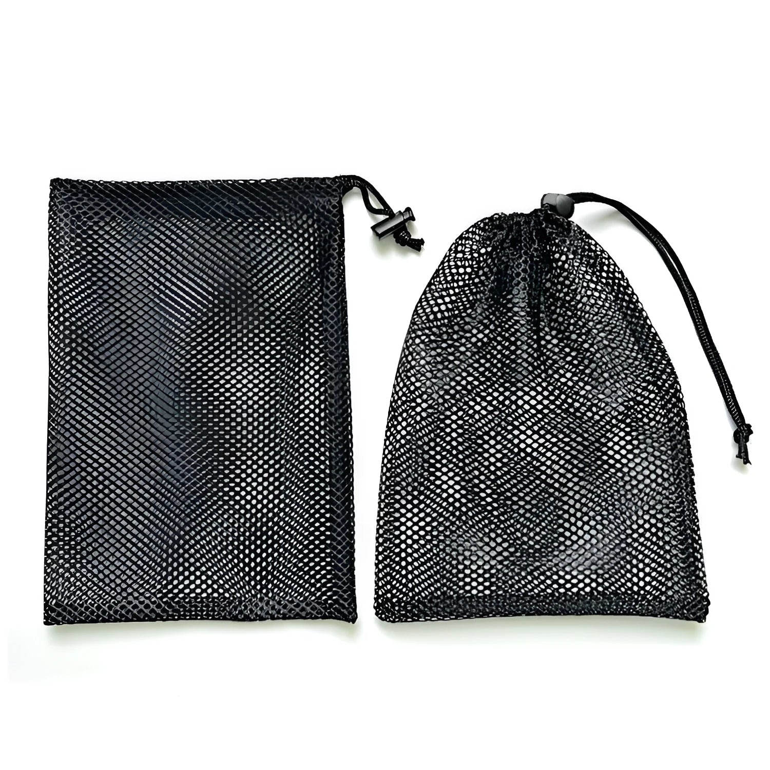 Black mesh drawstring storage bag for children's water ball toys showing three size options