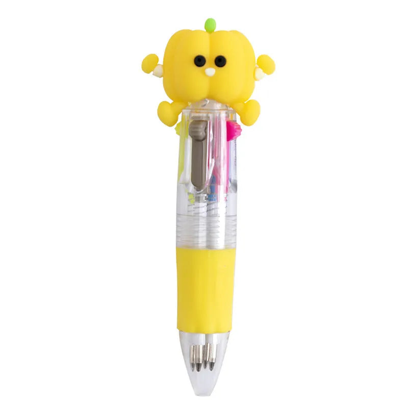 Cute cartoon four-colour press ballpoint pen with silicone grip and 0.7mm tip on a notepad.