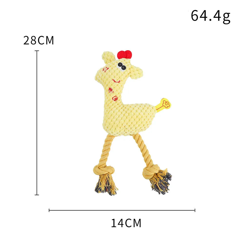 Deer-shaped plush pet toy with corn grain texture in blue, pink and yellow colour options