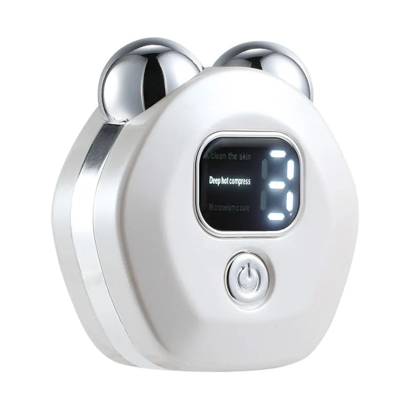 Portable white micro current facial massage instrument with double-roller head and USB charging cable.