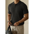 Men's khaki short sleeve business top showing Asian fit sizing for M L XL 2XL