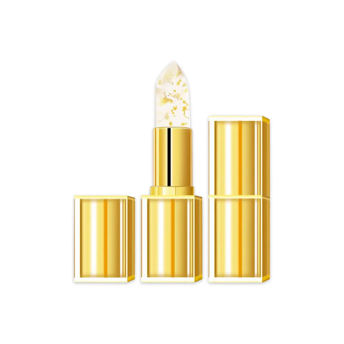 Three pieces of anti-smudge warm colour-changing lipstick in gold tubes, product code YB1001.