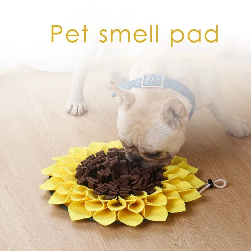 Yellow sunflower-shaped dog snuffle mat with fabric folds for hiding treats.