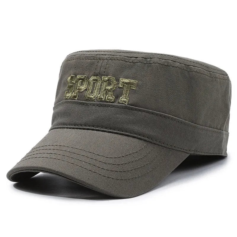 Men's flat-top peaked cotton cap in army green colour with an adjustable strap.