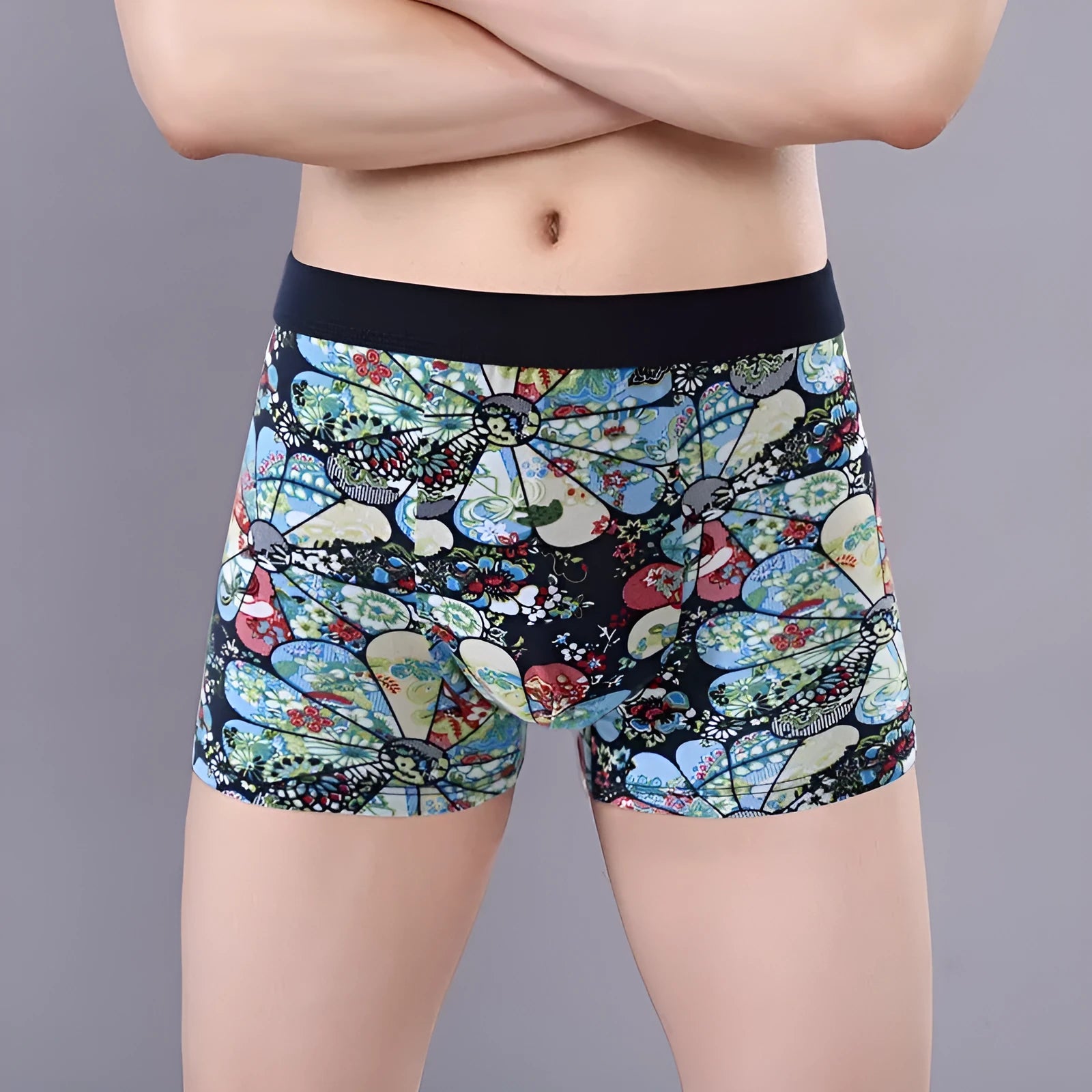 Men's cotton boxer underwear with U-shaped support in floral pattern colours including delicate rose