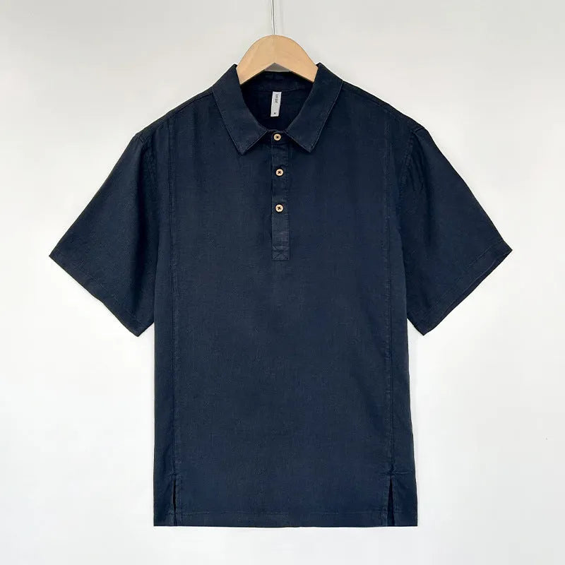 Men's light linen short sleeve top with thin lapels in a loose fit, shown in gray green.