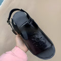 Men's black and brown embroidered floral beach sandals with flat PU sole