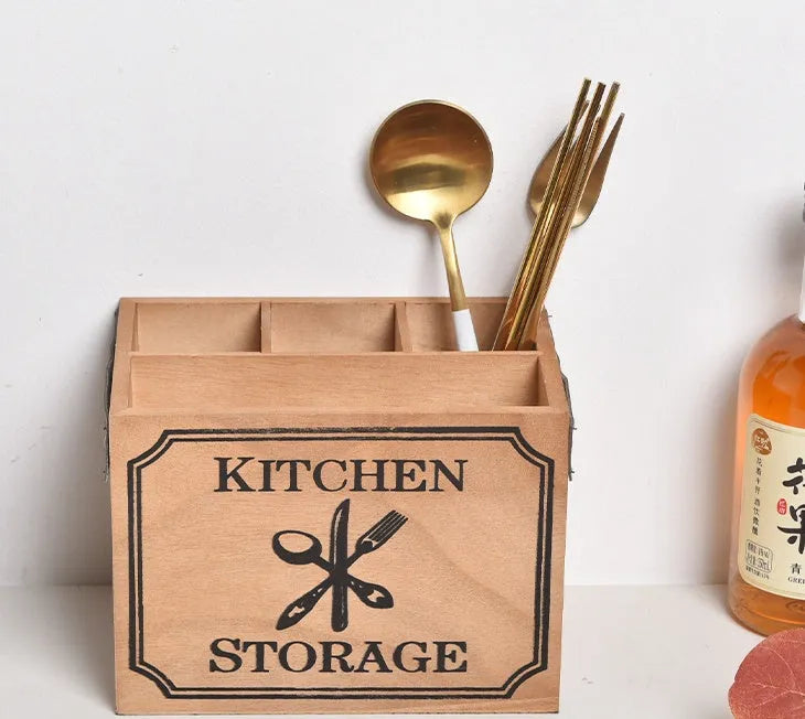 Wooden kitchen storage box with grid divider for knives forks and chopsticks