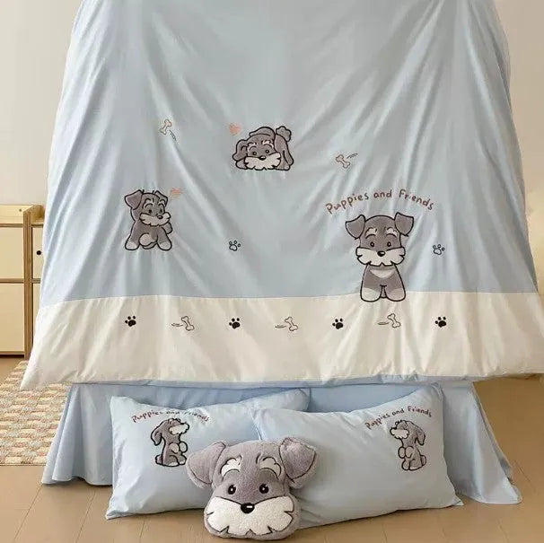 Cute Schnauzer embroidered cartoon design on thickened cotton duvet cover and pillowcases bedding set