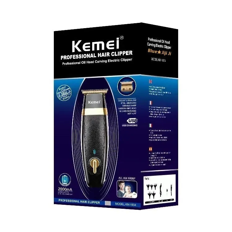 KM1834 rechargeable electric hair clipper with 5 limit combs and USB cable on white background