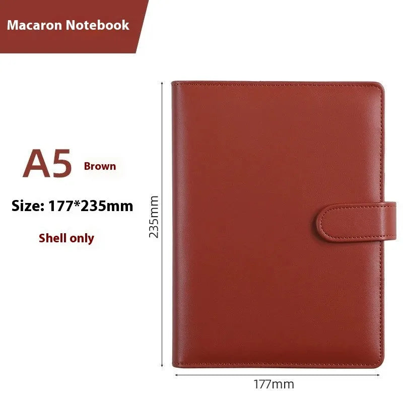 A5 PU leather loose-leaf binder shell with zipper closure shown in various colours.