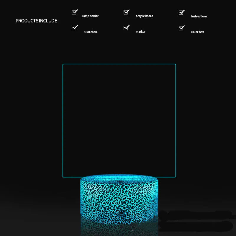 Black 3D acrylic LED message board night light with remote control and pen on desk