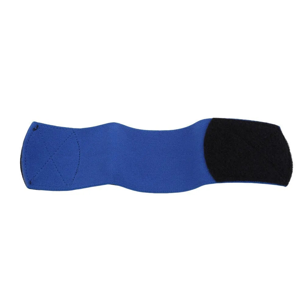 Football shin guard magic tape belt in red, blue, black, or white colours showing flexible rubber construction