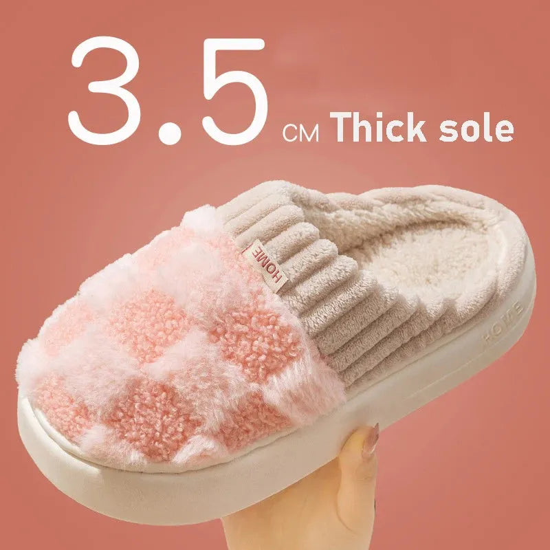 Women's plush indoor slippers in grey with coral velvet upper and flat PVC sole.