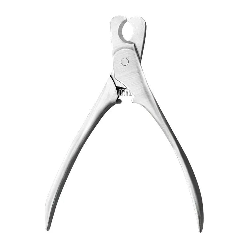 Silver stainless steel pet nail clipper with ergonomic handle and safety guard for dog and cat grooming.