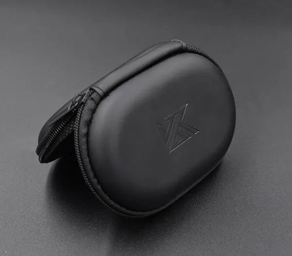 Black oval leather hard-shell case for EDX PRO and ZEX PRO earphones.