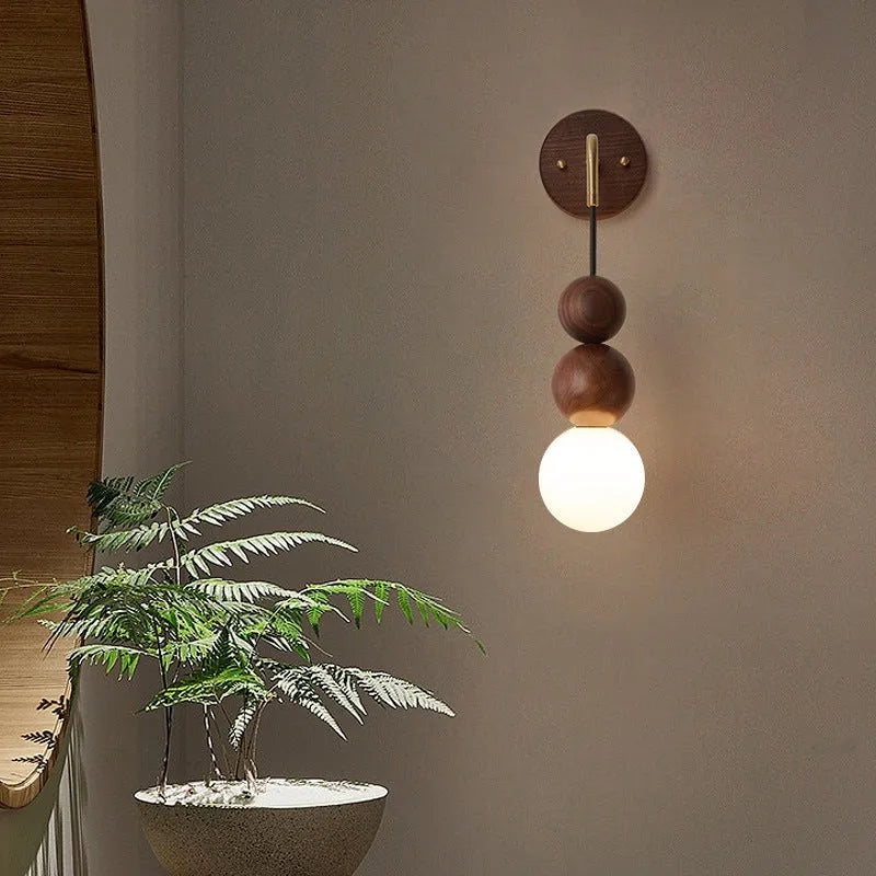 Wood and copper wall lamp with suspension wire and tricolour lighting, 10cm diameter 50cm height