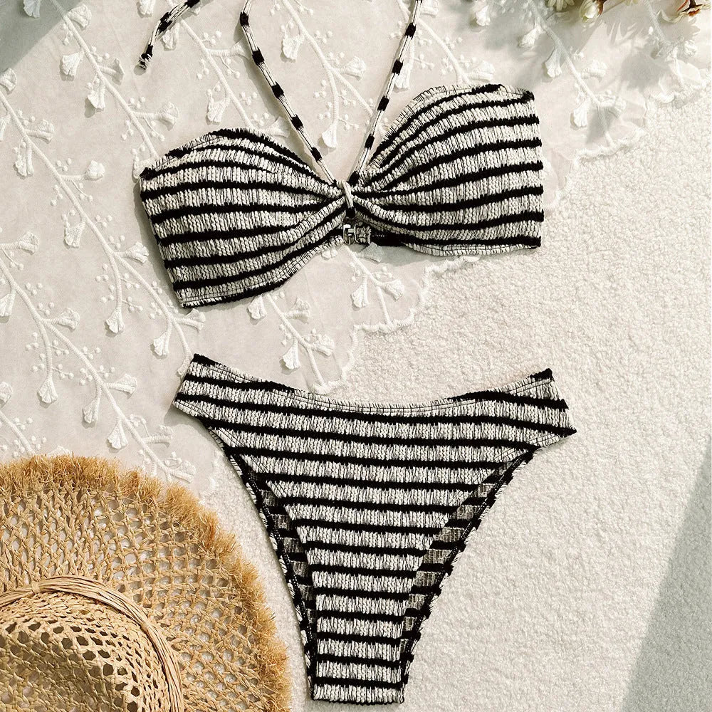 Women's bikini split striped printed swimsuit in pink, polyester fibre, sizes S to L