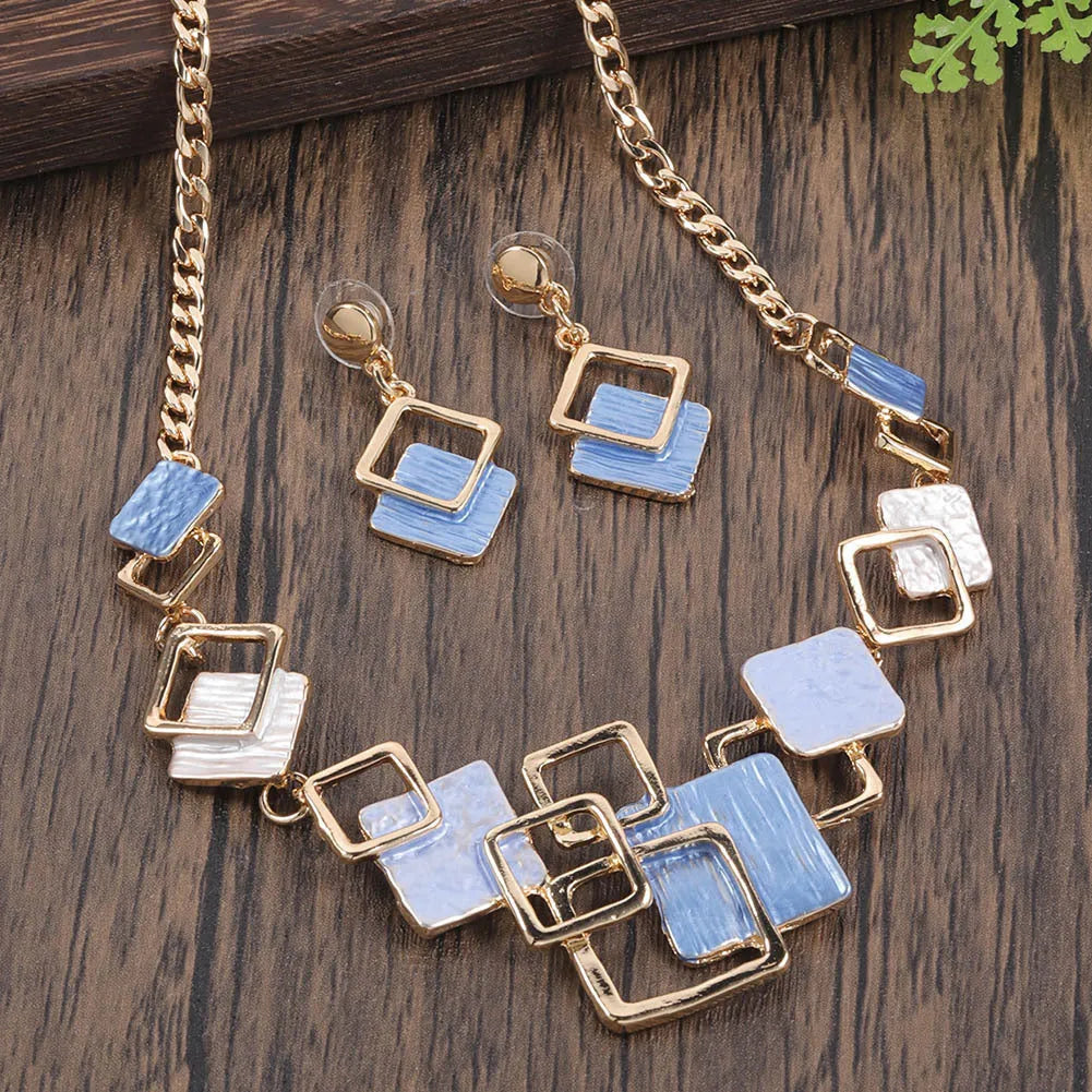 Zinc alloy geometric square hollow necklace and earrings kit with curb chain and dripping oil colour finish for women