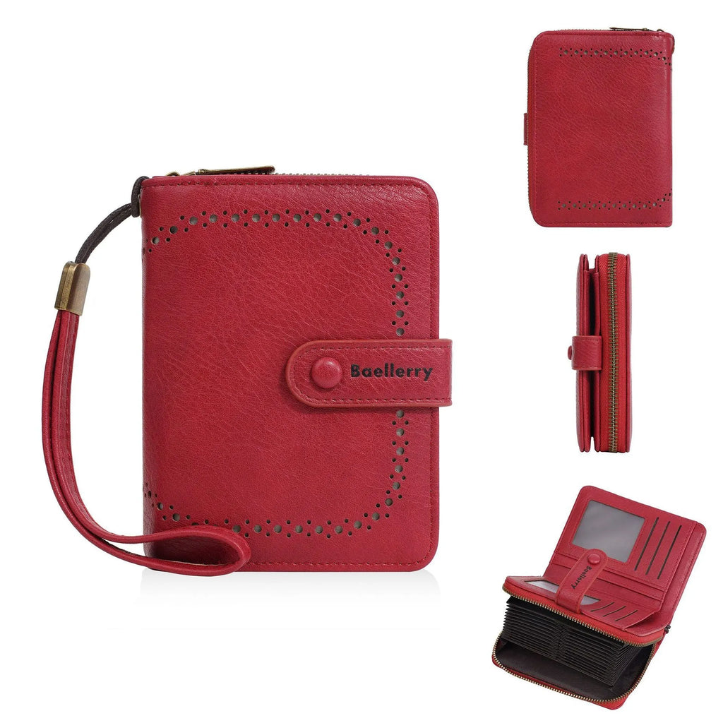 Women's black PU zipper coin purse open to show card slots and coin compartment.