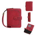 Women's black PU zipper coin purse open to show card slots and coin compartment.