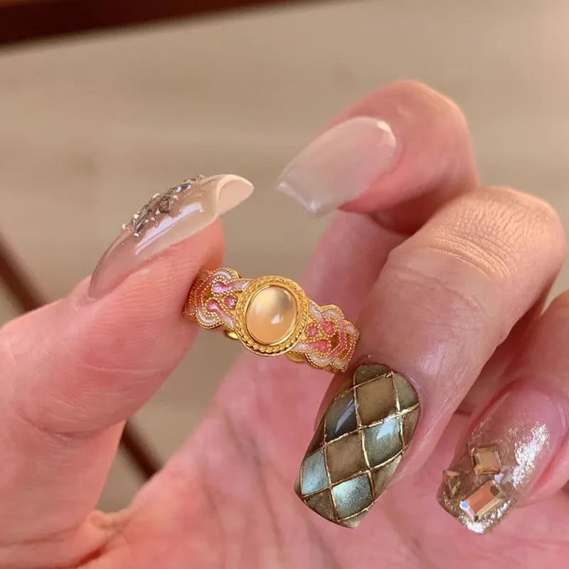 Pink crystal enamel geometric open mouth ring for women with adjustable sizing