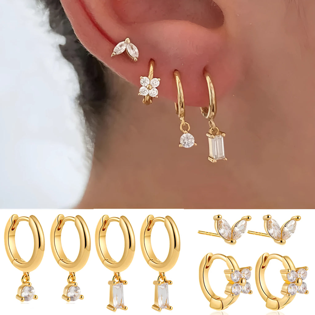 Geometric copper earring set with gold electroplated finish showing star and square shapes