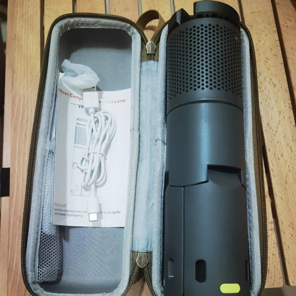 Portable LED camping lantern in off white and dark grey colour options showing button switch.