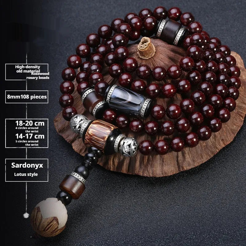 Men's traditional rosewood bracelet with 108 beads, showing lapis lazuli and turquoise accent styles.