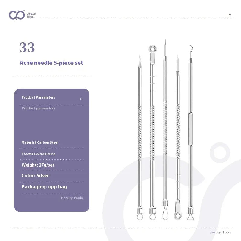 Four silver metal acne needles with fine pointed tips laid out on a flat surface.