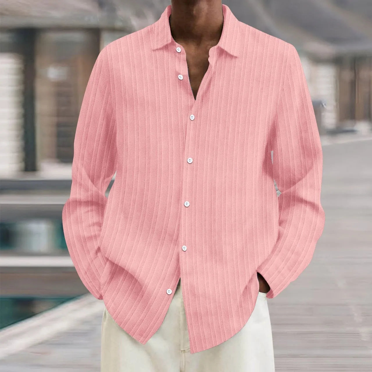 British style loose fit men's cardigan with long sleeves and a striped 3D pattern.