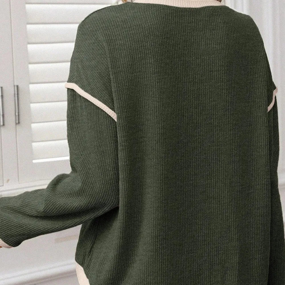 Women's loose knit top with drop shoulders and four leaf clover contrast trim in polyester fabric