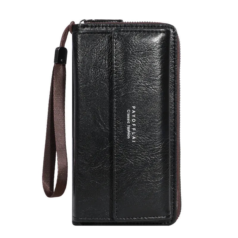 Men's black and brown PU wallet showing multiple card slots and cash compartment, closed.