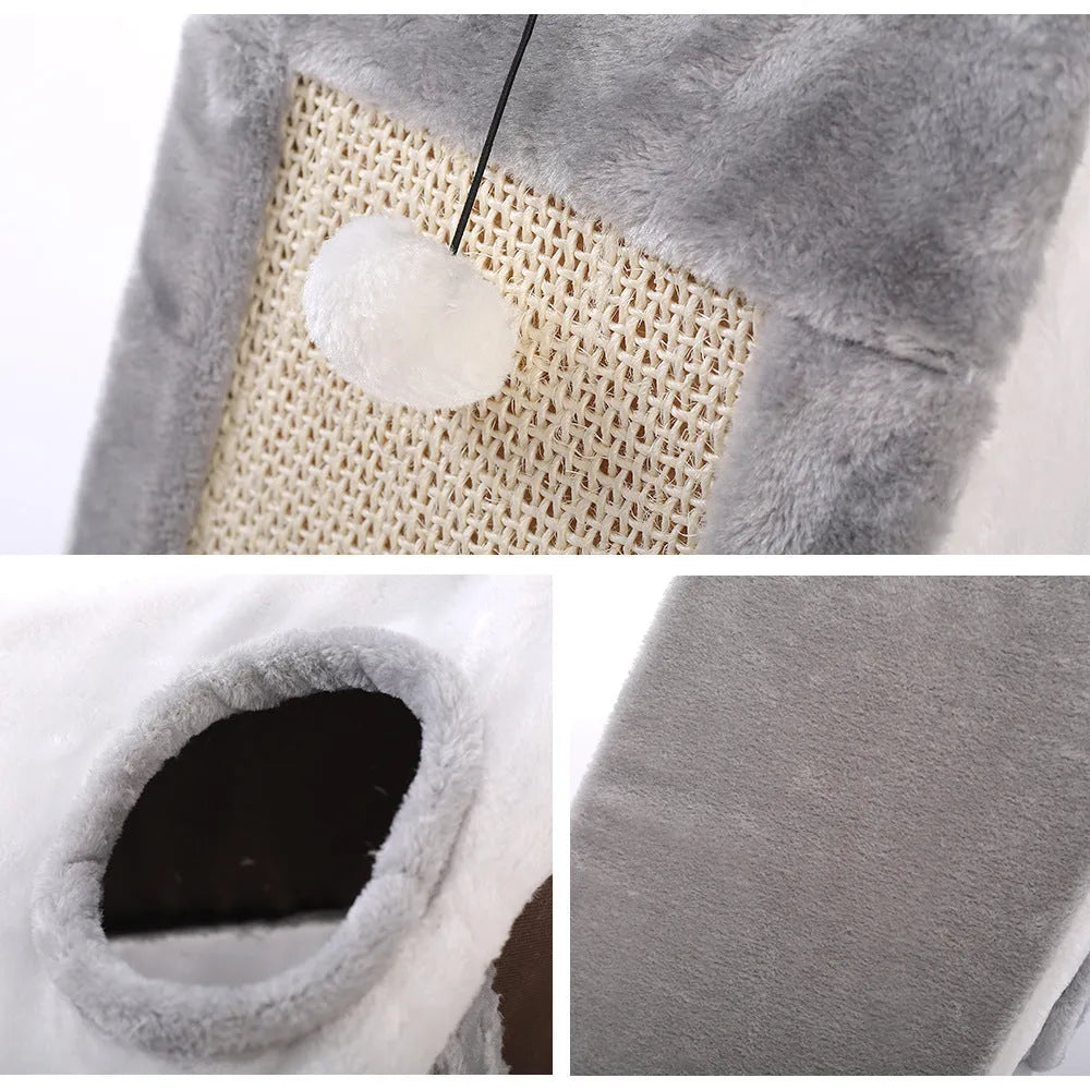 Triangular cat bed with integrated sisal scratching posts in grey and white colour