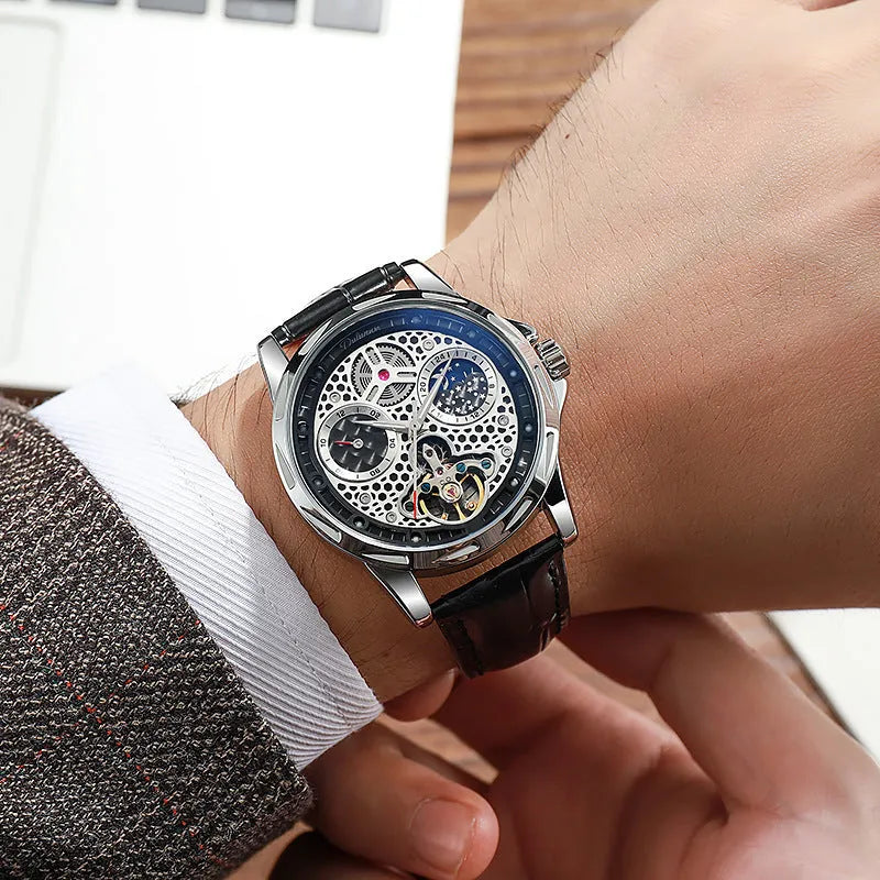 Men's black and white automatic waterproof business watch with steel or leather strap