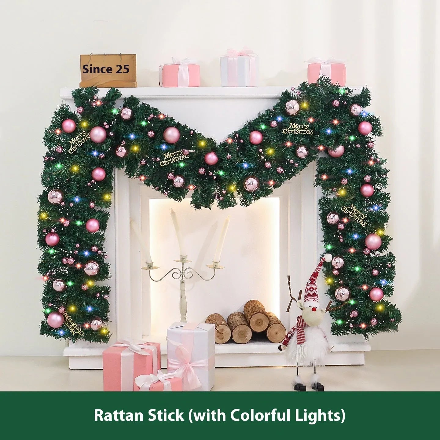 Pink Korean-style Christmas rattan garland decoration measuring 2.7 metres long with small fruit details.