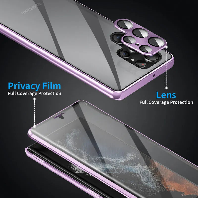 Metal magnetic phone case with peep-proof mirror for Samsung S24 Ultra in black colour.