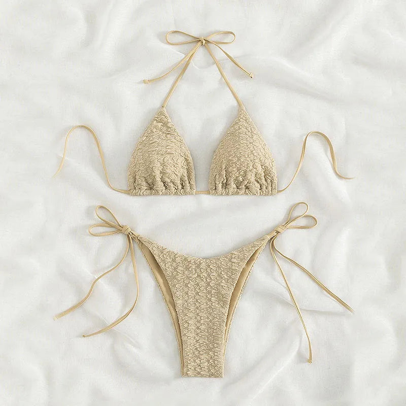Women's khaki high waist bikini with lace-up sides, showing front and back detail.