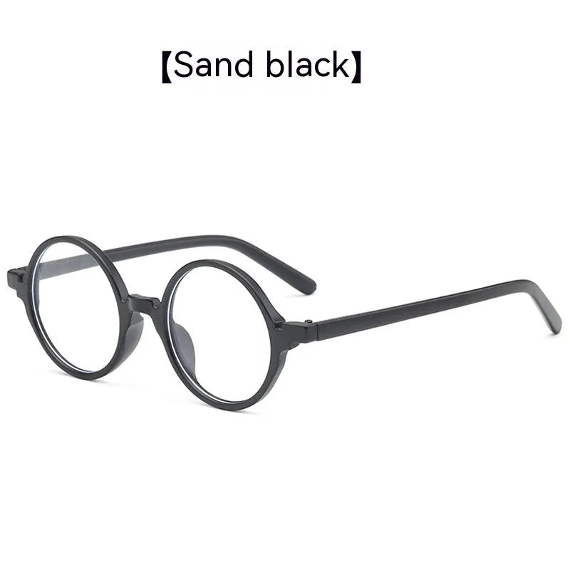 Artistic retro round glasses flat mirror in bright black, sand black, tofu pudding frame, and transparent grey colours