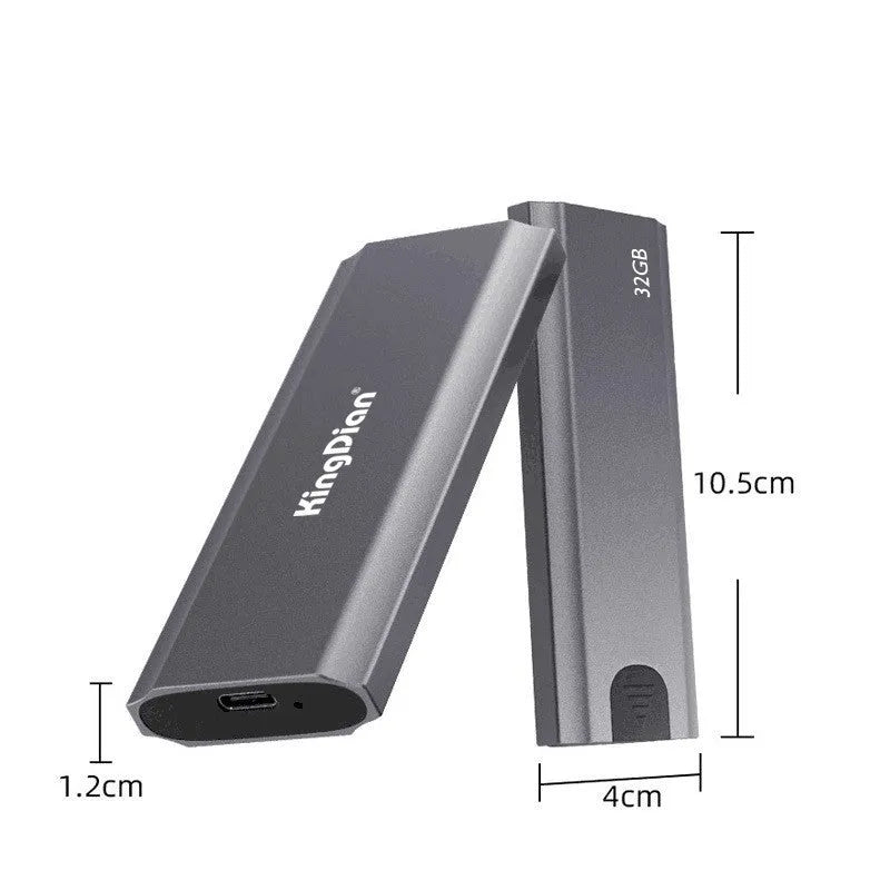 Grey portable external solid state drive with USB 3.0 connector for direct mobile phone use.