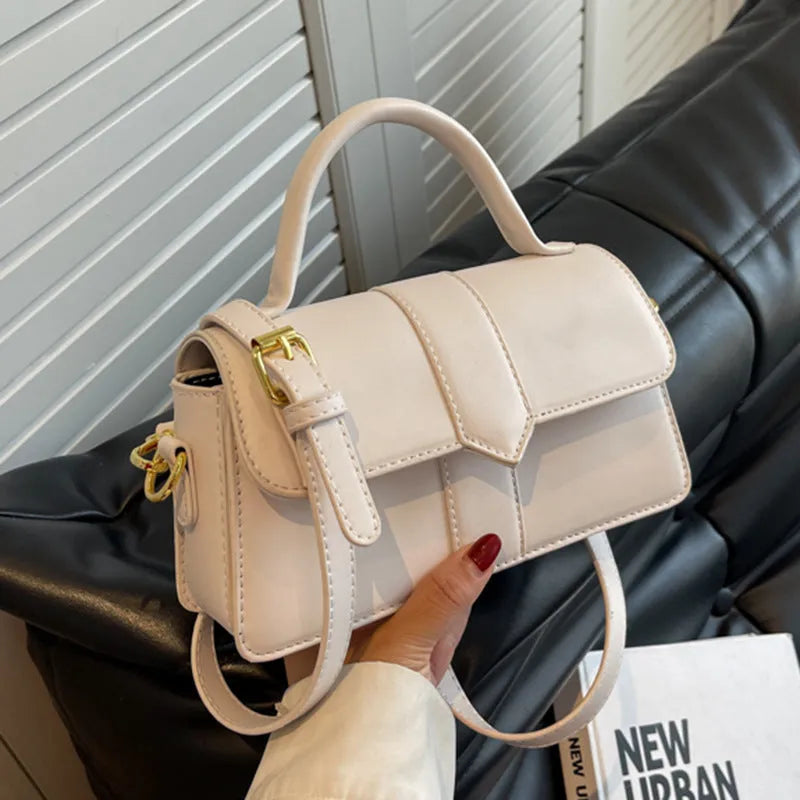 Women's horizontal square PU messenger bag in beige with file organiser interior