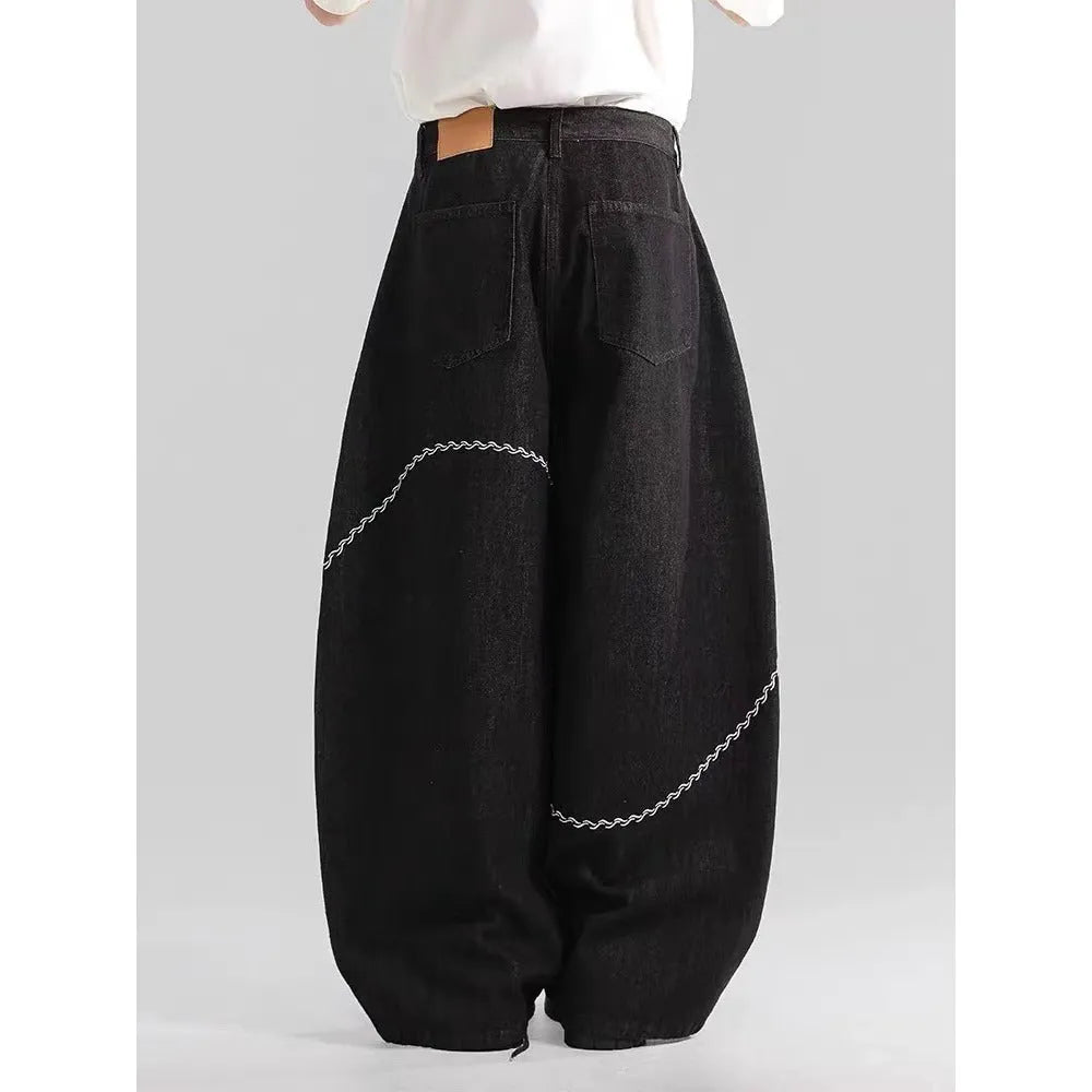 Black straight-leg denim trousers with micro-elastic fabric for autumn and winter casual wear