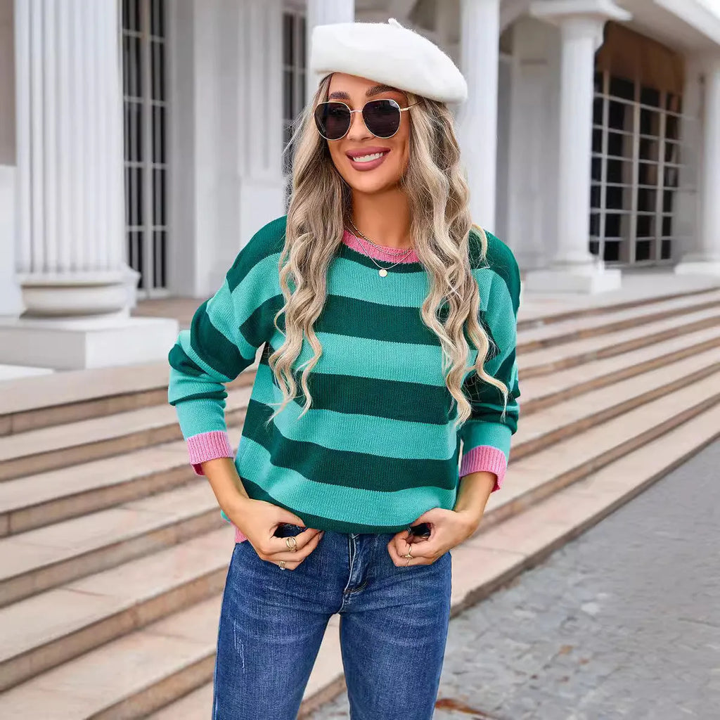 Women's loose fit long sleeve acrylic sweater in blue colour with striped pattern