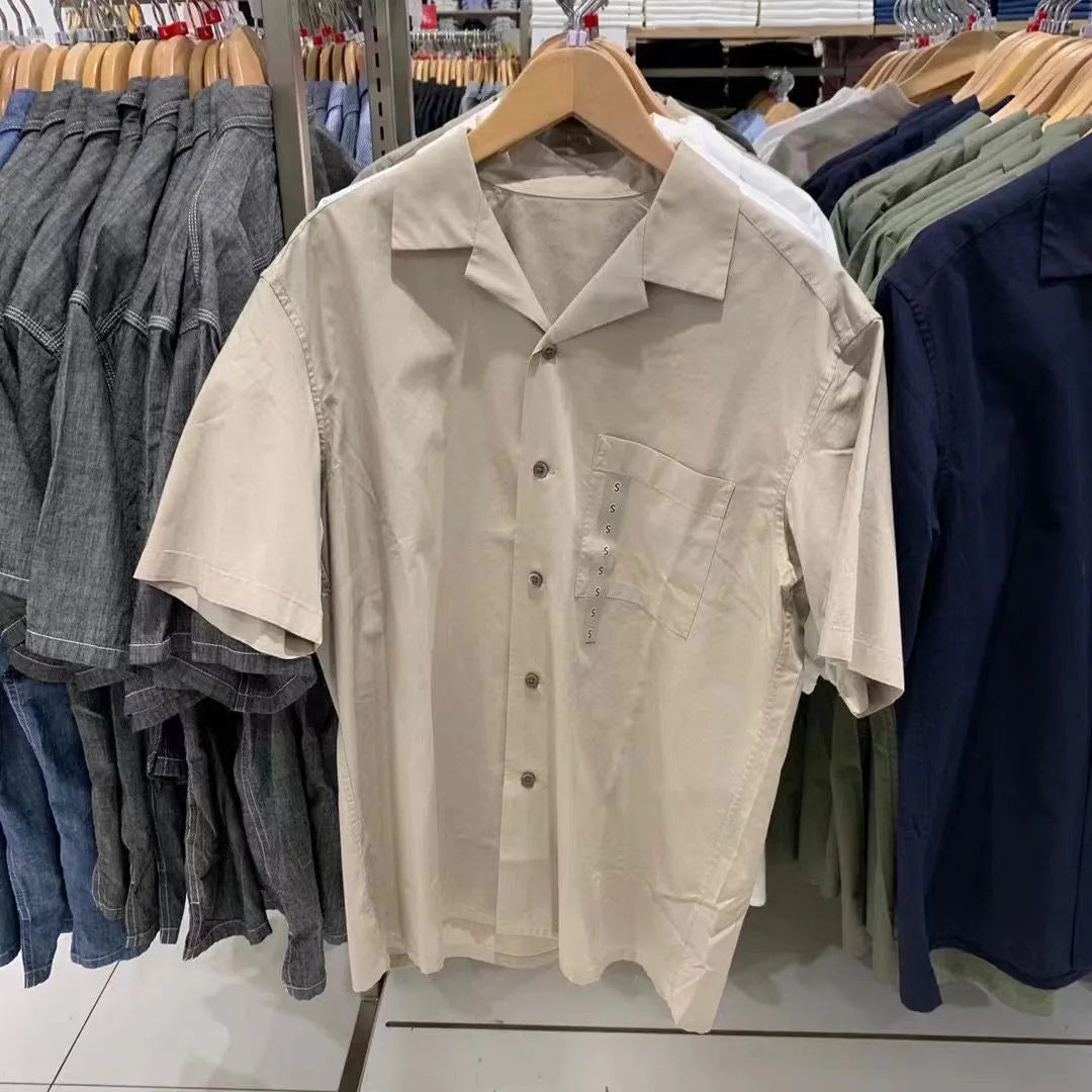 Men's beige modal cotton open collar casual shirt with Japanese Korean styling