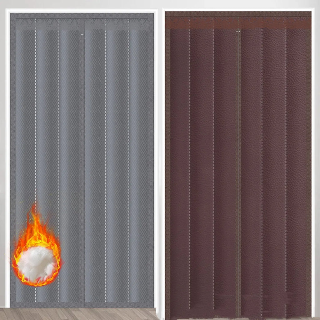 Full seam long magnetic strip cotton door curtain in grey diamond lattice pattern hanging in a doorway.