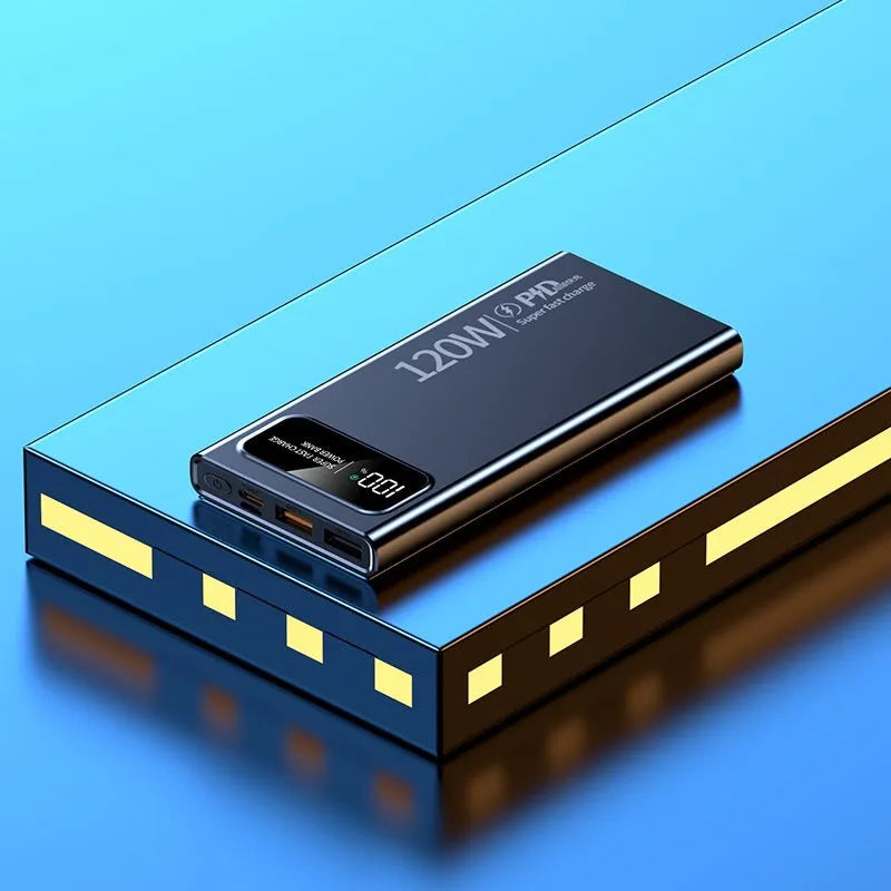 120W 20000 MA super fast charge power bank in cool black, slim plastic case with LED indicator