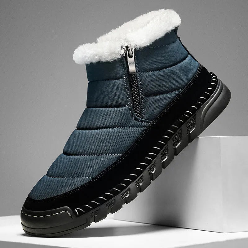 Men's plus size insulated snow boot in black with cotton upper and non-slip rubber sole.