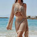 Women's khaki bell sleeve sun protection outfit with hollow-out design top and matching skirt