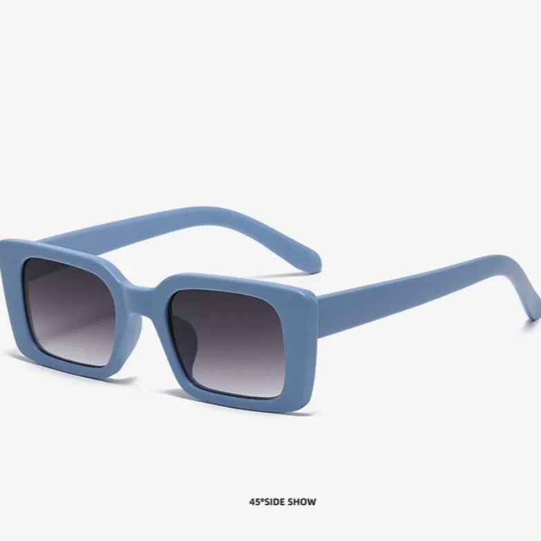 Square small frame sunglasses with PC lens, black frame and grey lens, simple flower design on bag