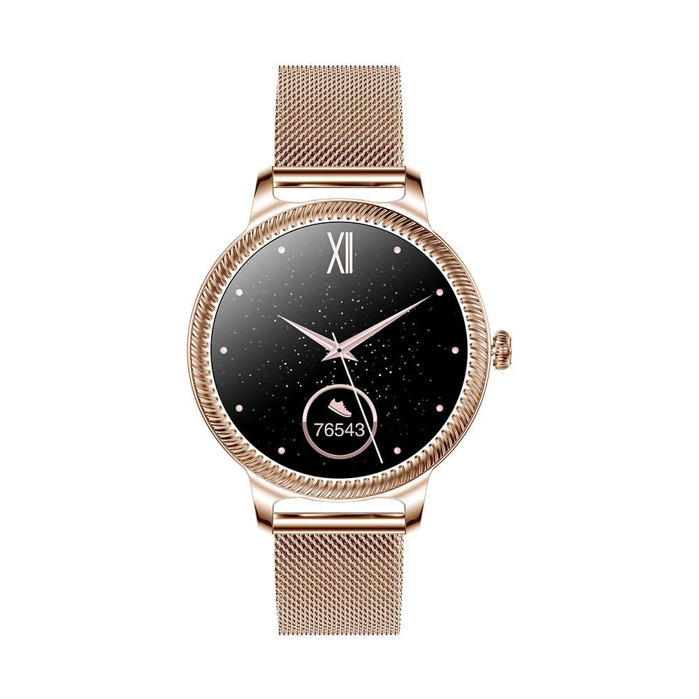 AK38 ladies smart watch with stainless steel Milanese band and 1.09-inch colour screen.
